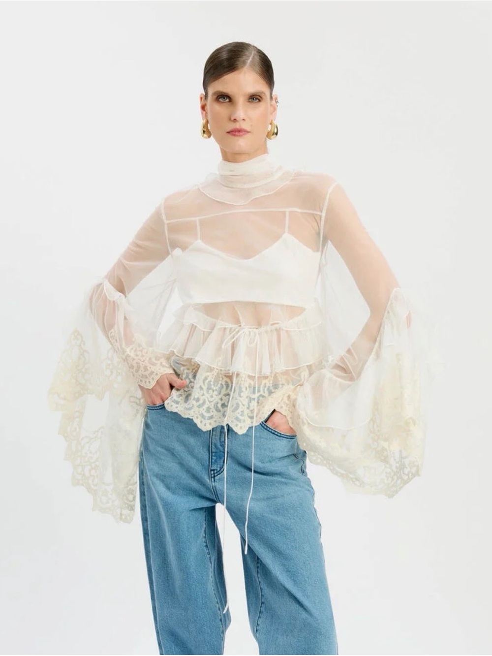 Bardot XS Sheer Ivory Lace Bell-Sleeve Blouse